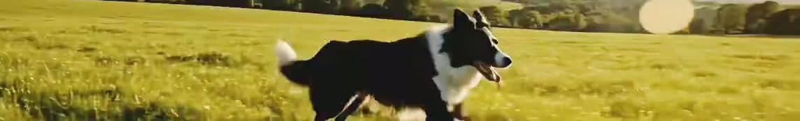 Een hond rent door een zonnige wei